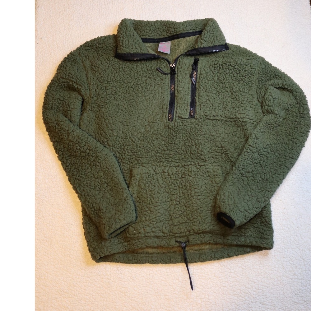 No Boundaries Girl's Olive Green Sherpa Fleece Quarter Zip Pullover Jacket